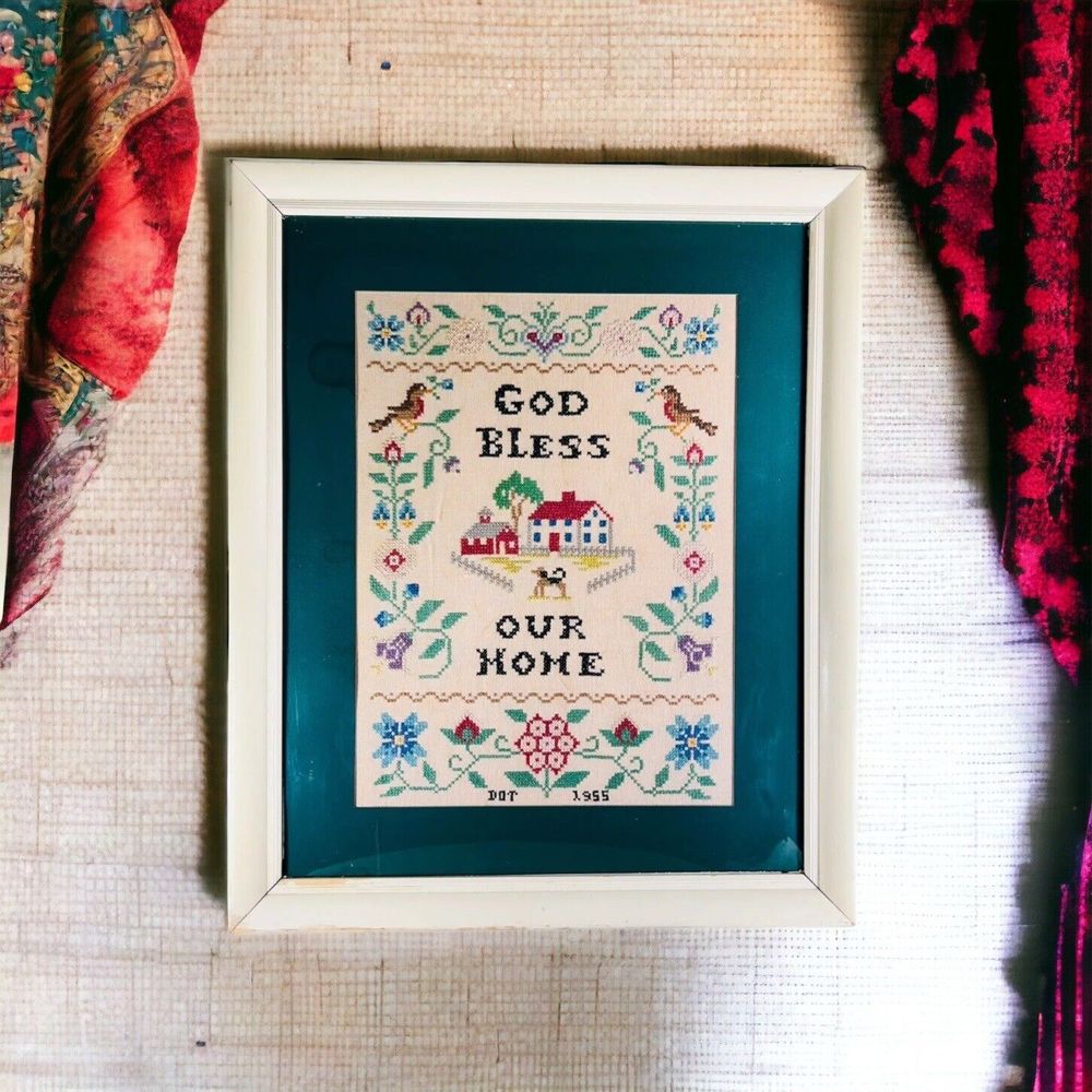 God Bless Our Home Completed Vintage Cross Stitch 1955 Framed and Matted